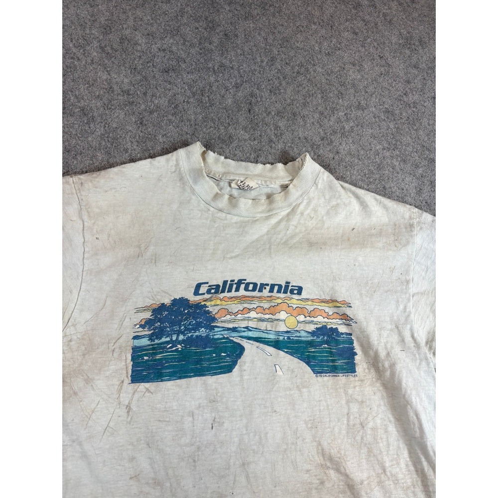 Vintage 70s California Scenic Graphic T Shirt Gray Distressed L Cotton Surf Tee